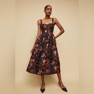 NEW Cara Cara Phoebe Floral Linen Silk Midi Bustier Dress Pindell Black US 4 UK8